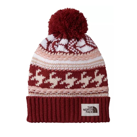 The North Face Women's Fair Isle Beanie Maroon Hat NWT Oversized Pom - Picture 5 of 9